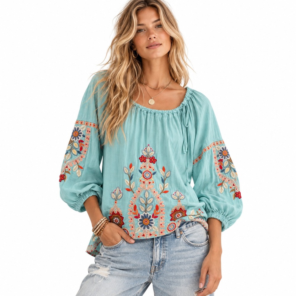 Johnny Was Maya Blouse Womens L Aqua Embroidered Rayon Cupra Peasant Boho